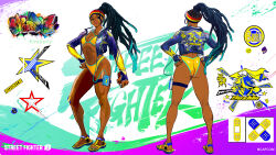  absurdres ass bikini black_hair breasts character_name cleavage colored_tips copyright_name cropped_jacket dark-skinned_female dark_skin dreadlocks female fingerless_gloves gloves hairband highres kimberly_jackson multicolored_hair multicolored_hairband official_alternate_costume official_alternate_hairstyle official_art reference_sheet sandals solo standing street_fighter street_fighter_6 swimsuit thigh_strap walkman yellow_bikini 