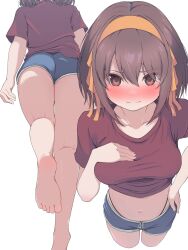  barefoot black_hair black_panties blue_shorts blush breasts brown_eyes closed_mouth collarbone cropped_legs cropped_shirt feet female from_above from_below hair_ribbon hand_on_own_chest hand_on_own_hip highres looking_at_viewer medium_breasts medium_hair multiple_views navel orange_ribbon paid_reward_available panties panty_peek rai_iceblast red_shirt ribbon shirt short_sleeves shorts simple_background soles string_panties suzumiya_haruhi suzumiya_haruhi_no_yuuutsu t-shirt thighs toes underwear white_background 