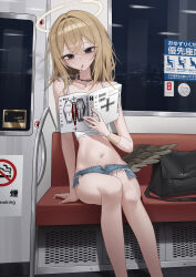  absurdres angel bags_under_eyes black_bag black_eyes black_wings blonde_hair blue_shorts book camisole cigarette commentary_request crop_top denim denim_shorts fallen_angel feathered_wings female halo highres holding holding_book long_hair low_wings mansu_(user_pnmp4287) micro_shorts navel no_smoking original shorts single_wing sitting smoke smoking solo stomach train_interior white_camisole wings 