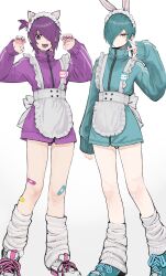  2boys 2n5 absurdres androgynous animal_ear_fluff animal_ears apron aqua_hair aqua_jacket bandaid bandaid_on_knee bandaid_on_leg blue_jacket cat_ears closed_mouth crossdressing ear_piercing earrings eyelashes fake_animal_ears full-length_zipper hair_ornament hair_over_one_eye hairclip highres jacket jersey_maid jewelry loose_socks maid maid_apron maid_headdress male_focus male_maid multiple_boys nail_polish name_tag one_side_up open_mouth original paw_pose piercing purple_eyes purple_hair purple_jacket purple_nails rabbit_ears shoes short_hair simple_background sneakers socks standing teeth tongue track_jacket trap unconventional_maid v white_background yellow_eyes zipper 