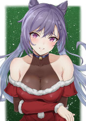  alternate_costume arm_under_breasts bare_shoulders bell breasts christmas collarbone commentary_request cone_hair_bun dress female fur_trim genshin_impact grin hair_bun highres jingle_bell kakabos keqing_(genshin_impact) large_breasts long_hair looking_at_viewer neck_bell off-shoulder_dress off_shoulder pink_eyes purple_hair red_dress santa_costume santa_dress see-through_cleavage see-through_clothes smile solo upper_body 