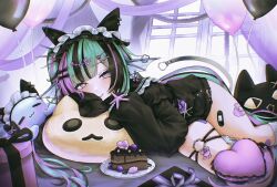  aqua_hair balloon bandaid bandaid_on_leg bandaid_on_thigh birthday black_hair black_sweater blush cake cake_slice chocolate_cake english_commentary female finana_ryugu finana_ryugu_(jirai_kei) fins fish_skeleton_hair_ornament food head_fins highres long_hair long_sleeves looking_at_viewer lying maid_headdress multicolored_hair nijisanji nijisanji_en on_side purple_eyes purple_hair ryuguard_(finana_ryugu) skindentation sleeves_past_fingers sleeves_past_wrists smile streaked_hair sweater thigh_strap thighs virtual_youtuber yumevly 