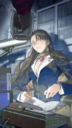  absurdres black_jacket breasts brown_hair cleavage closed_mouth cup female grey_eyes gyakuten_saiban highres holding holding_cup holding_pen jacket jewelry large_breasts long_hair magatama magatama_necklace mia_fey mole mole_under_mouth necklace omurice_(304975636) open_clothes open_jacket pen phone smile solo_focus upper_body 