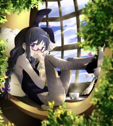  adjusting_eyewear akemi_homura black_hair bow braid cloud cloudy_sky cup female glasses hand_on_eyewear heart highres kyuubee mahou_shoujo_madoka_magica pillow plant playboy_bunny purple_bow purple_eyes red-framed_eyewear sengoku_chidori sky steam teacup twin_braids window 