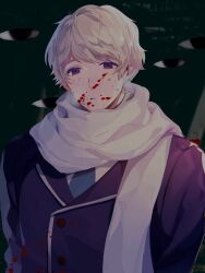  1boy axis_powers_hetalia black_background blood blood_on_clothes blood_on_face blue_necktie buttons closed_mouth empty_eyes grey_hair highres implied_murder jacket lapels long_sleeves looking_at_viewer male_focus mixed-language_commentary necktie purple_eyes purple_jacket russia_(hetalia) scarf shirt short_hair simple_background solo upper_body white_scarf white_shirt wto_1955514 