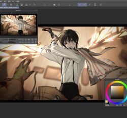  1boy art_program_in_frame attack black_eyes black_hair blood blood_on_weapon blurry blurry_background crow&#039;s_eye_view_(e.g.o) dagger detached_wings dongrang_(project_moon) falling from_below glass_shards glowing hat highres holding holding_dagger holding_knife holding_weapon jacket jacket_on_shoulders knife letterboxed light_particles limbus_company looking_at_viewer out-of-frame_censoring outstretched_arm project_moon serious shirt short_hair straw_hat suspenders til_0816 upper_body weapon white_shirt wings yi_sang_(project_moon) zoom_layer 