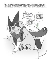  2025 ambiguous_gender anthro bodily_fluids breasts digital_drawing_(artwork) digital_media_(artwork) distressed duo female generation_9_pokemon hi_res high5art human mammal meowscarada nintendo pinned pinned_to_ground pokemon pokemon_(species) simple_background small_breasts speech_bubble sweat sweatdrop white_background 