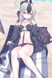  absurdres bag bare_legs bare_shoulders beach black_choker black_hair black_horns blue_archive blush choker demon_horns demon_wings diamond_necklace ear_piercing earclip earrings female grey_halo hair_between_eyes halo highres horns itami_riya jacket jewelry kayoko_(blue_archive) long_hair looking_at_viewer multicolored_hair off_shoulder open_clothes open_jacket piercing red_eyes single_wing solo sweat sweatdrop swimsuit two-tone_hair very_long_hair wings 