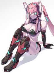  black_bra bra colored_skin female green_eyes hakidashi_11 long_hair phantasy_star phantasy_star_online_2 pink_hair pink_skin robot_girl simple_background sitting solo twintails underwear white_background 