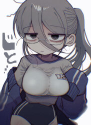  aozora_kyoka black_eyes blue_buruma blue_jacket breasts buruma closed_mouth commentary_request female glasses grey_hair gym_shirt gym_uniform highres impossible_clothes impossible_shirt jacket large_breasts long_hair long_sleeves looking_at_viewer off_shoulder original ringed_eyes shirt side_ponytail sleeves_past_fingers sleeves_past_wrists solo white_shirt yasashii_naizou 