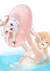  1boy aether_(genshin_impact) arms_up barefoot blonde_hair blush commentary_request earrings facing_viewer female from_side genshin_impact hair_ornament halo highres in_water innertube jewelry kicking lifting_person open_mouth paimon_(genshin_impact) simple_background single_earring so_(user_jkaz7455) standing star_(symbol) star_hair_ornament swim_ring swimsuit teeth towel towel_around_neck upper_teeth_only wading water white_hair yellow_eyes 