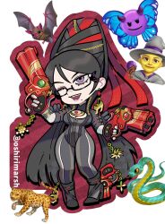  ankle_gun bayonetta bayonetta_(series) bayonetta_1 beehive_hairdo black-framed_eyewear black_bodysuit bodysuit breasts chains chibi chibi_only cleavage cleavage_cutout clothing_cutout commentary_request dancho_no_mori dual_wielding earrings elbow_gloves emoji eyeshadow female full_body glasses gloves gold_chain gun hair_ribbon handgun high_heels highres holding jewelry large_breasts lipstick long_hair makeup mole mole_under_mouth one_eye_closed purple_eyeshadow purple_lips red_ribbon ribbon semi-rimless_eyewear solo teeth upper_teeth_only very_long_hair weapon 