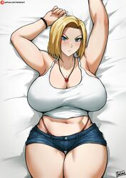  1girls alternate_costume android android_18 armpits arms_up artist_name bare_shoulders batako big_breasts blonde_hair blue_eyes blush bracelet breasts cleavage clothing collarbone crop_top curvy dragon_ball dragon_ball_z eyelashes female female_focus female_only frown fully_clothed g-string hips hotpants huge_breasts humanoid jean_shorts jewelry large_breasts laying_down laying_on_bed lips looking_at_viewer medium_hair midriff milf navel necklace on_back panties short_shorts shorts signature sleeveless solo solo_female tank_top thick_thighs thigh_gap thighs thong url voluptuous watermark whale_tail wide_hips 