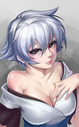  1girls absurd_res canon_genderswap cleavage female female_only fully_clothed genderswap_(mtf) ginko_sakata gintama gintoki_sakata hi_res kimono looking_at_viewer medium_breasts no_bra off_shoulder red_eyes rule_63 short_hair silver_hair smile solo upper_body very_short_hair white_hair 