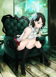  armchair black_hair black_socks blue_eyes blush chair commentary_request female flower full_body hair_flower hair_ornament high_heels highres looking_at_viewer mille_(dieci) original shoes short_hair sitting socks solo watch wooden_floor 