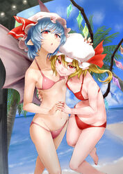  2girls :o backdrop barefoot bat_wings beach bikini blonde_hair blue_hair blush breasts collarbone commentary_request fangs flandre_scarlet groin hat hat_ribbon highres indoors looking_at_viewer multiple_girls nail_polish nathaniel_pennel navel photoshop_(medium) pink_bikini pointy_ears red_bikini red_eyes remilia_scarlet ribbon short_hair siblings sisters slit_pupils small_breasts sweat swimsuit touhou wings 