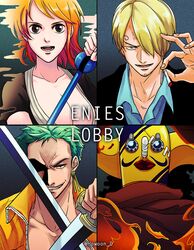  3boys bandage black_hair blonde_hair breasts cape cigarette cleavage dual_wielding earrings enies_lobby female fire goggles green_hair jewelry mask mirage multiple_boys nami nami_(one_piece) one_piece orange_hair roronoa_zoro sanji smoking suit sword usopp weapon 