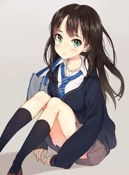  bad_id bad_pixiv_id bag black_socks blush brown_hair cardigan commentary earrings female green_eyes grey_background idolmaster idolmaster_cinderella_girls jewelry kneehighs long_hair long_sleeves looking_at_viewer loose_necktie necklace necktie pleated_skirt school_uniform shadow shibuya_rin shirt shoes shoulder_bag simple_background sitting skirt socks solo white_shirt yotte 