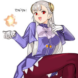  :d albino breasts capcom_fighting_jam commentary_request dress female fire gloves hairpods highres ingrid_(capcom) long_hair miniskirt open_mouth pantyhose photoshop_(medium) project_x_zone_2 purple_dress purple_pantyhose red_eyes skirt smile solo tetsu_(kimuchi) translation_request white_gloves white_hair 