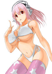  bikini breasts commentary female headphones highres hikari123456 huge_breasts index_finger_raised long_hair nitroplus open_mouth photoshop_(medium) pink_hair pink_thighhighs red_eyes side-tie_bikini_bottom simple_background solo star_(symbol) star_print super_sonico swimsuit thighhighs thighs underboob white_background white_bikini 