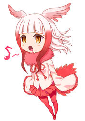  :o bird_tail blunt_bangs blush_stickers commentary_request eighth_note female frilled_sleeves frills full_body head_wings hirose_(mokiki) japanese_crested_ibis_(kemono_friends) kemono_friends long_sleeves medium_hair multicolored_hair music musical_note open_mouth pantyhose pink_theme pleated_skirt red_pantyhose red_skirt shirt sidelocks simple_background singing skirt sleeves_past_wrists solo tail two-tone_hair white_background white_hair white_shirt wings yellow_eyes 