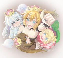  4girls alternate_eye_color aqua_eyes black_dress black_nails blonde_hair blue_eyes boo_(mario) bow bowsette bowtie brooch brown_background brown_bow brown_bowtie brown_dress brown_hair choker clenched_teeth collar commentary_request crown crying crying_with_eyes_open dress embarrassed fangs fingernails frilled_collar frills from_above gloves gradient_background graphite_(medium) hair_between_eyes hand_on_another&#039;s_arm happy horns hug jewelry long_hair looking_at_viewer luigi&#039;s_mansion mario_(series) messy_hair multiple_girls nail_polish nervous new_super_mario_bros._u_deluxe open_mouth partial_commentary pink_dress ponytail princess_goomba princess_king_boo princess_piranha_plant puffy_short_sleeves puffy_sleeves raised_fist red_bow red_bowtie sharp_fingernails sharp_teeth short_hair short_sleeves sidelocks smile spiked_collar spikes strapless strapless_dress super_crown teardrop tears teeth traditional_media wavy_mouth white_background white_choker white_dress white_gloves white_hair xiaoye_lanren 