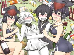  4girls :d @_@ abyssal_ship abyssal_twin_princess_(black) abyssal_twin_princess_(white) beer_can black_dress black_hair blush bottle breast_cutout breasts brown_eyes can chips_(food) colored_skin commentary_request dress drink_can drooling drunk food framed_breasts grabbing grabbing_another&#039;s_breast grey_eyes grey_neckerchief hamu_koutarou headgear headphones highres i-13_(kancolle) i-14_(kancolle) kantai_collection looking_at_viewer lying multiple_girls neckerchief open_mouth potato_chips sailor_collar sailor_shirt sake_bottle school_swimsuit seiza shirt short_hair sitting sleeveless sleeveless_dress sleeveless_shirt smile snack sweat swimsuit swimsuit_under_clothes unconscious white_dress white_hair white_sailor_collar white_shirt white_skin 