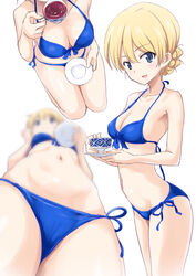  :d arched_back armpits bare_arms bare_shoulders bikini blonde_hair blue_bikini blue_eyes blue_ribbon blurry blush braid breasts cameltoe cleavage closed_mouth collarbone commentary_request crotch cup darjeeling_(girls_und_panzer) depth_of_field drink female foreshortening french_braid from_above from_below front-tie_bikini_top front-tie_top gin&#039;you_haru girls_und_panzer groin head_out_of_frame highres holding holding_cup legs_together liquid looking_at_viewer looking_down medium_breasts multiple_views navel open_mouth ribbon saucer seiza shiny_skin short_hair side-tie_bikini_bottom simple_background sitting smile stomach swimsuit tareme tea teacup thighs white_background 