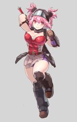  armor armored_boots berino_bottsu bike_shorts boots braid breasts cleavage commentary_request female full_body gloves iwaya large_breasts original pink_eyes pink_hair solo twin_braids 