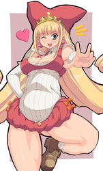  bad_hands bare_legs blonde_hair blush breasts cleavage commentary_request earrings female green_eyes hat heart highres jewelry kihaiu kururu_(little_princess) large_breasts little_princess long_hair marl_kingdom one_eye_closed pink_background shoes shorts smile solo 