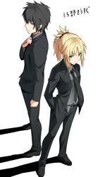  1boy artoria_pendragon_(fate) belt black_footwear black_hair black_necktie black_pants blonde_hair blue_eyes braid command_spell commentary_request cosplay fate/apocrypha fate/grand_order fate_(series) female formal fujimaru_ritsuka_(male) fujimaru_ritsuka_(male)_(royal_brand) full_body green_eyes grey_shirt hands_in_pockets looking_at_viewer mordred_(fate) mordred_(fate/apocrypha) necktie pant_suit pants parted_bangs ponytail reverse_trap saber_(fate) saber_(fate)_(cosplay) shadow shirt shiseki_hirame shoes short_hair simple_background smile suit 