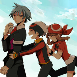  2boys bad_id bad_pixiv_id bandana bike_shorts black_hair blush brendan_(pokemon) brown_hair closed_eyes day diamond_(gemstone) female fingerless_gloves gloves grey_hair hug hug_from_behind jacket long_hair may_(pokemon) meiji_(meeeeji) multiple_boys open_mouth pokemon pokemon_rse short_hair sky steven_stone 