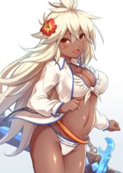  bikini breasts cleavage commentary_request dark-skinned_female dark_skin female flower front-tie_top granblue_fantasy hair_flower hair_ornament large_breasts long_hair looking_at_viewer navel official_alternate_costume open_clothes open_mouth orange_eyes shiny_skin shishikai smile solo swimsuit tan very_long_hair white_bikini white_hair zooey_(granblue_fantasy) zooey_(summer)_(granblue_fantasy) 