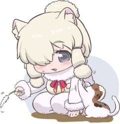  alpaca_ears alpaca_suri_(kemono_friends) alpaca_tail animal_ear_fluff animal_ears blue_eyes blush cat_teaser commentary feline female fur_collar fur_trim hair_bun hair_over_one_eye hair_tubes kemono_friends kneeling kuro_(kurojill) long_sleeves neck_ribbon pantyhose ribbon short_hair single_hair_bun solo sweatdrop tail white_hair 