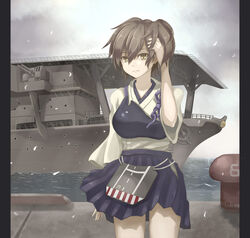  aircraft_carrier anti-aircraft_gun blouse bollard brown_hair cherry_blossoms commentary_request female fiction_(forged) highres historical_name_connection japanese_clothes kaga_(aircraft_carrier) kaga_(kancolle) kantai_collection military military_vehicle muneate name_connection object_namesake petals pillarboxed revision ship shipyard shirt short_hair side_ponytail skirt smile solo vehicle_and_personification warship water watercraft 