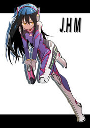  absurdres black_hair blush bodysuit bural_chingu commentary cosplay d.va_(overwatch) d.va_(overwatch)_(cosplay) female full_body gloves gun hair_between_eyes handgun headphones highres holding holding_gun holding_weapon ju_hyeon-mi korean_commentary long_hair luke_(dydansgur) original overwatch overwatch_1 pilot_suit science_fiction solo weapon yellow_eyes 