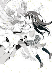  2girls akemi_homura ayukko_(forest_village) cheek-to-cheek commentary_request dress gloves greyscale hair_ribbon heads_together hug interlocked_fingers kaname_madoka long_hair mahou_shoujo_madoka_magica mahou_shoujo_madoka_magica_(anime) monochrome multiple_girls one-armed_hug one_eye_closed open_mouth photoshop_(medium) ribbon skirt smile star_(symbol) two_side_up ultimate_madoka 