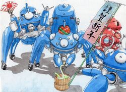  banner basket commentary_request crossover cyberpunk flute fuchikoma ghost_in_the_shell hand_fan instrument io_(380381) mecha no_humans robot science_fiction snake tachikoma turban 