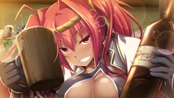  alcohol beer beer_mug blush bottle breast_press breasts caula_gleji choker cleavage_cutout clothing_cutout cup dark_skin drunk female game_cg gloves grin holding holding_cup ikusa_megami_(series) large_breasts lens_flare looking_at_viewer mug oerba_yun_fang red_hair smile solo_focus tenbin_no_la_dea_~ikusa_megami_memoria~ twintails yano_mitsuki_(nanairo) 