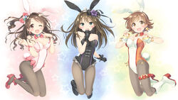  3girls :d ;d adapted_costume animal_ears bare_shoulders black_gloves black_gothic_dress_(idolmaster) black_pantyhose blush bow bowtie breasts brown_eyes brown_hair cleavage commentary_request detached_collar earrings full_body gloves green_eyes hairbow high_heels highres honda_mio idolmaster idolmaster_cinderella_girls jewelry kani_biimu large_breasts long_hair looking_at_viewer medium_breasts microphone multiple_girls new_generations_(idolmaster) one_eye_closed open_mouth pantyhose pink_check_school_(idolmaster) playboy_bunny pumps rabbit_ears rabbit_tail red_bow red_bowtie shibuya_rin shimamura_uzuki short_hair simple_background smile star_(symbol) starry_background strapless sunset_nostalgie_(idolmaster) tail yellow_eyes 