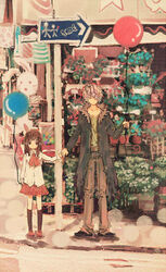  1boy bad_id bad_pixiv_id balloon brown_eyes brown_hair female garry_(ib) hair_ribbon highres holding_hands hpknight ib_(ib) ib_(kouri) jacket miniskirt plant rabbit ribbon road shoes sign skirt street 