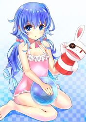  ameyoshi blue_eyes blue_hair casual_one-piece_swimsuit commentary_request date_a_live female hand_puppet highres one-piece_swimsuit puppet rabbit sitting stuffed_animal stuffed_rabbit stuffed_toy swimsuit wariza yoshino_(date_a_live) yoshinon 