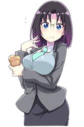  :t black_hair blazer blue_sweater blush breasts collared_shirt commentary elma_(maidragon) female food food_on_face formal framed_breasts glasses gradient_hair green_necktie highres holding holding_food jacket kobayashi-san_chi_no_maidragon large_breasts looking_at_viewer multicolored_hair necktie office_lady parted_bangs pencil_skirt rimless_eyewear shirt short_hair simple_background skirt skirt_suit slit_pupils solo suit sweater sweater_vest white_background wing_collar yamabuki_zarame 