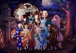  1boy 6+girls :o ;) animal_print black_sclera blue_eyes blue_hair blue_skin brown_eyes butterfly_print butterfly_wings candy_apple colored_sclera colored_skin commentary_request dango eating flower food futakuchi-onna futakuchi_(onmyoji) green_eyes hair_flower hair_ornament hair_rings hand_fan hannya_(onmyoji) head_wings highres horns hotarugusa_(onmyoji) insect_wings japanese_clothes kagura_(onmyoji) kimono kochou_no_sei_(onmyoji) koi_no_sei_(onmyoji) kyonshii_imouto_(onmyoji) leaf_print long_hair looking_at_viewer mask moon multiple_girls night one_eye_closed onmyoji outdoors paper_fan parasol plaid ponytail purple_eyes purple_hair purple_skin rabbit_print red_eyes sandals shio_(shiofeifei) smile squid standing stuffed_animal stuffed_toy tongnu tree twintails umbrella ushi_no_toki_(onmyoji) very_long_hair wagashi wide_sleeves wings yama_usagi_(onmyoji) yukata 