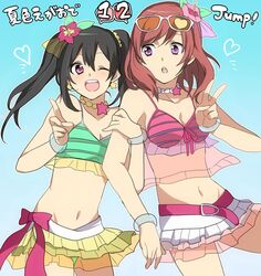  2girls :o ;d arm_grab arm_hug bare_shoulders bikini bikini_skirt black_hair blush bracelet breasts chatubo cleavage commentary_request earrings flower frilled_bikini frills front-tie_top glasses hair_flower hair_ornament jewelry long_hair love_live! love_live!_school_idol_project medium_breasts midriff multiple_girls natsuiro_egao_de_1_2_jump! navel necklace nishikino_maki one_eye_closed open_mouth purple_eyes red_eyes red_hair short_hair side-tie_skirt skirt small_breasts smile song_name sunglasses swimsuit tankini twintails v yazawa_nico 