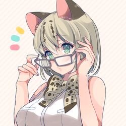  adjusting_eyewear alternate_color alternate_eyewear animal_ears aqua_eyes bad_id bad_pixiv_id cat_ears commentary_request female glasses grey-framed_eyewear grey_hair holding kemono_friends looking_at_viewer margay_(kemono_friends) margay_print senmen_kinuko short_hair solo striped striped_background 