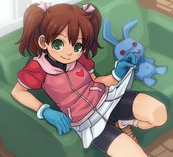  bike_shorts bike_shorts_under_skirt black_shorts blush brown_hair clothes_lift commentary_request couch female gloves green_eyes heart_on_chest saru_getchu sayaka_(saru_getchu) short_twintails shorts sitting skirt skirt_lift solo stuffed_animal stuffed_rabbit stuffed_toy stupa13a twintails 