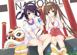  2girls :t ;o ahoge azur_lane baozi bare_shoulders between_legs blue_flower blush bottle bow brown_hair chinese_commentary closed_mouth collarbone commentary_request dress eating english_text flower food food_on_face front-tie_top fur_trim hair_rings hairband hairbow hand_between_legs holding holding_bottle holding_food jacket kuroba_chihiro lion_dance long_hair looking_at_viewer multiple_girls ning_hai_(azur_lane) off-shoulder_shirt off_shoulder one_eye_closed parted_lips ping_hai_(azur_lane) purple_eyes purple_hair red_dress red_eyes shirt shishimai short_dress short_sleeves sitting twintails very_long_hair water_bottle white_background white_bow white_hairband white_jacket white_shirt 