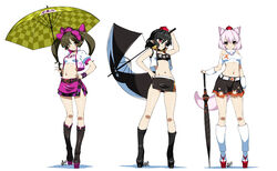  3girls alternate_costume animal_ears belt black_hair blush boots bow breasts brown_eyes brown_hair checkered choker closed_umbrella commentary_request fur_trim geta hairbow hand_on_own_hip hat high_heels himekaidou_hatate hyouju_issei inubashiri_momiji leaf_cutout long_hair looking_at_viewer medium_breasts midriff multiple_girls navel one_eye_closed pink_hair planted planted_umbrella platform_footwear pointy_ears race_queen red_eyes shameimaru_aya shoes short_hair simple_background skirt small_breasts smile strapless tengu-geta tokin_hat touhou tube_top twintails umbrella white_background white_legwear wolf_ears 