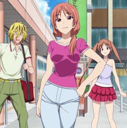  1boy 2girls aho_girl breasts brown_hair hanabatake_yoshie hanabatake_yoshiko milf multiple_girls screencap skirt 